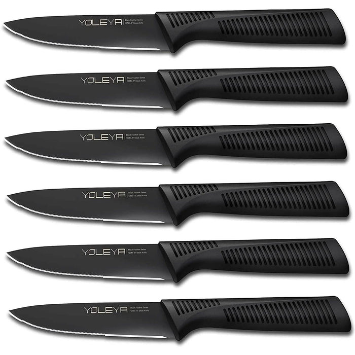 6-Pieces Set: YOLEYA High Carbon German Stainless Steel Black Serrated Steak Knife Set by DailySale