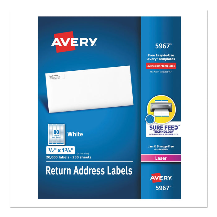 Avery White Address Labels w/ Sure Feed Technology for Laser Printers, Laser Printers, 0.5 x 1.75, White, 80/Sheet, 250 Sheets/Box