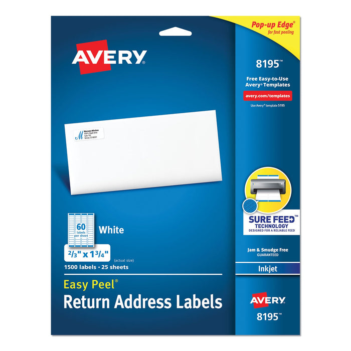 Avery Easy Peel White Address Labels w/ Sure Feed Technology, Inkjet Printers, 0.66 x 1.75, White, 60/Sheet, 25 Sheets/Pack