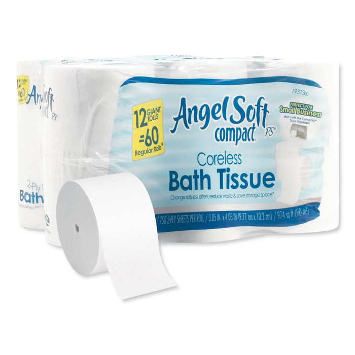 Georgia Pacific Angel Soft ps Compact Coreless Bath Tissue, Septic Safe, 2-Ply, White, 750 Sheets/Roll, 12 Rolls/Carton