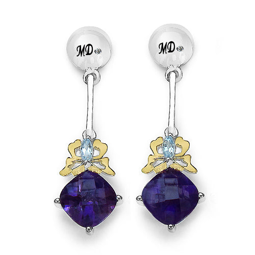 3.79 Carat Genuine Amethyst, Blue Topaz & White Diamond .925 Sterling Silver Earrings by Bids.com
