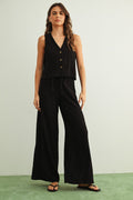 Crinkled Fabric Sleeveless Button Front Top | Black by Boutique 23