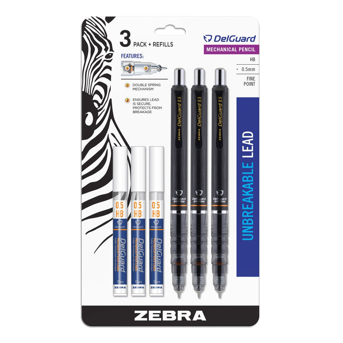 Zebra Delguard Mechanical Pencil, 0.5 mm, HB (#2.5), Black Lead, Black Barrel, 3/Pack