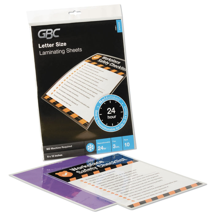 GBC SelfSeal NoMistakes Repositionable Self-Adhesives, 3 mil, 9" x 12", Gloss Clear, 10/Pack