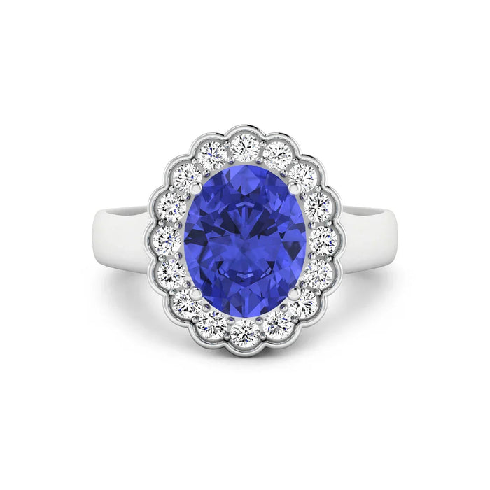 2.69 Ct Oval Violet Tanzanite and White Diamond Prong 14k Gold Halo Statement Floral Ring by Fine Color Jewels