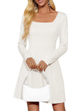 Wenrine Womens Long Sleeve Mini Dress Square Neck A Line White Size S by Deal US