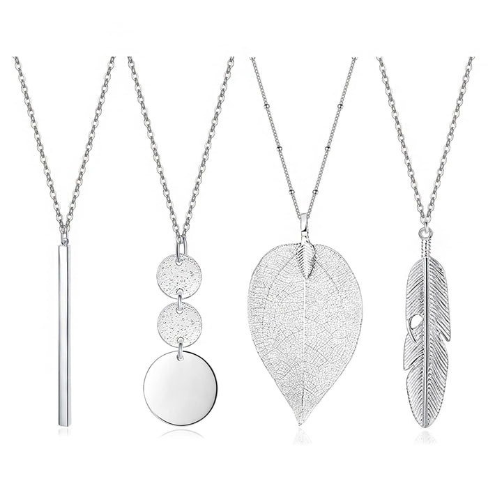 4 PCS Long Necklaces for Women - Fashion Pendant Necklace Jewelry, Silver Bar Fe