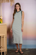 STRIPE CONTRAST TRIM SLEEVELESS KNIT MIDI DRESS by Boutique 23