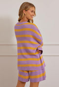 MEROKEETY Women's 2 Piece Sweater Set Striped Long Sleeve Shorts Purple Size S by Deal US
