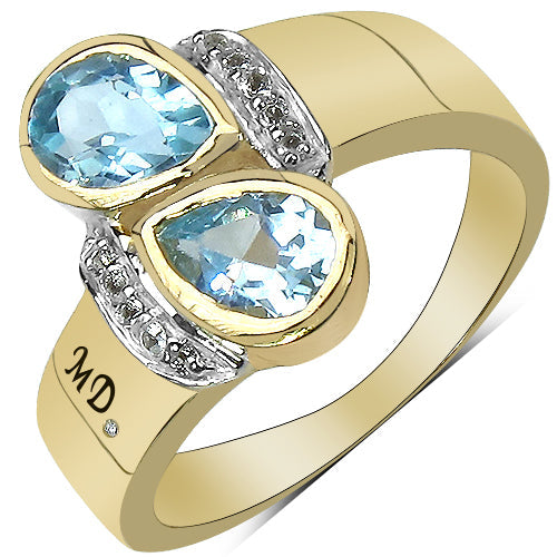 14K Yellow Gold Plated 1.86 Carat Genuine Blue Topaz, White Topaz & White Diamond .925 Sterling Silver Ring by Bids.com