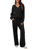 Amoretu Women's Lounge Set V Neck Top Wide Leg Drawstring Pants Black Size L by Deal US