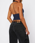TiulZial Womens Backless Halter Crop Tank Top Navy Blue Size M by Deal US