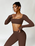 AGYMNX 2pc Workout Set Women Long Sleeve Crop Top High Waist Leggings Brown M by Deal US