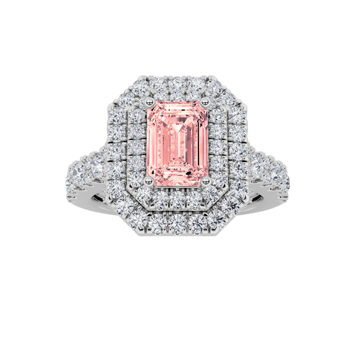 2Cttw Emerald Shaped Pink Lab Grown Diamond (F/VS) Double Halo Engagement Ring 14K Gold by Fine Color Jewels