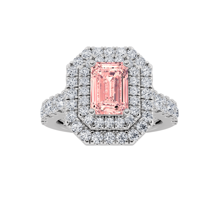 2Cttw Emerald Shaped Pink Lab Grown Diamond (F/VS) Double Halo Engagement Ring 14K Gold by Fine Color Jewels