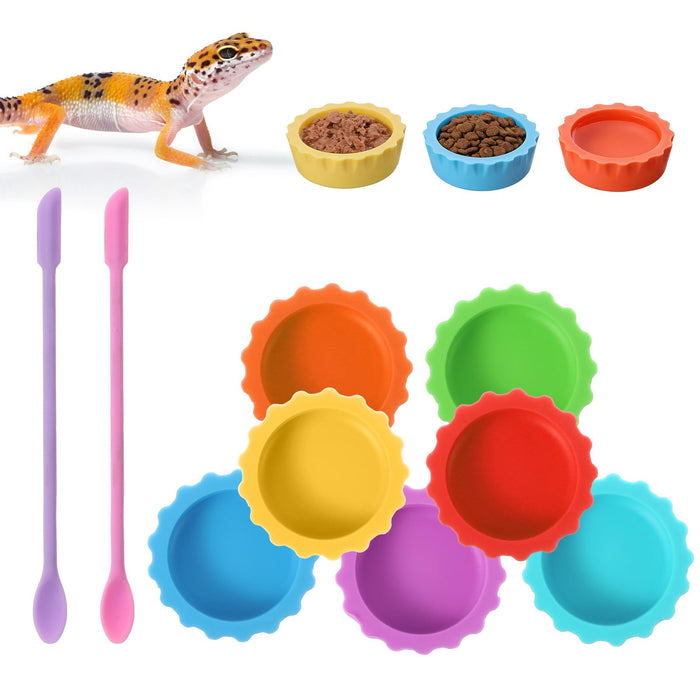 9Pcs Silicone Reptile Feeding Dish Set, Colorful Small Animal Bowls with 2 Silicone Spoon for Reptile Tanks, Practical Crested Gecko Tank Accessories for Small Pet