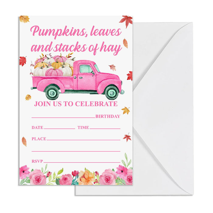 YGRBXJZD Fall Pumpkin Birthday Invitation Girl Pink Floral 4x6 20 Sets by Deal US