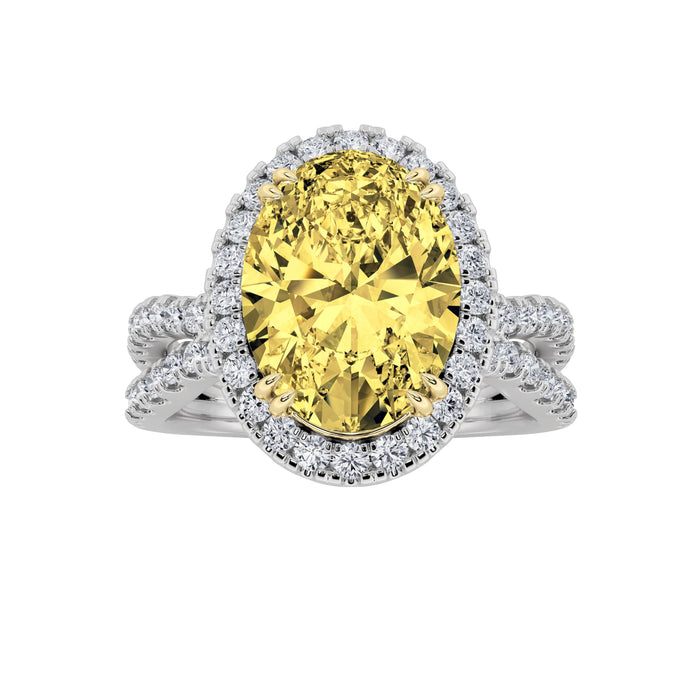 4Cttw Oval Shaped Yellow Lab Grown Diamond (F/VS) Split Shank Halo Engagement Ring 14K Gold by Fine Color Jewels