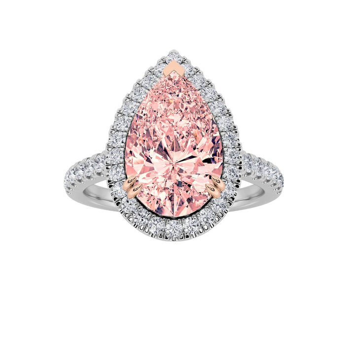3Cttw Pear Shaped Pink Lab Grown Diamond (F/VS) Bold Accented Halo Engagement Ring 14K Gold by Fine Color Jewels