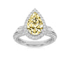 3Cttw Pear Shaped Yellow Lab Grown Diamond (F/VS) Three Stone Halo Enagement Ring 14K Gold