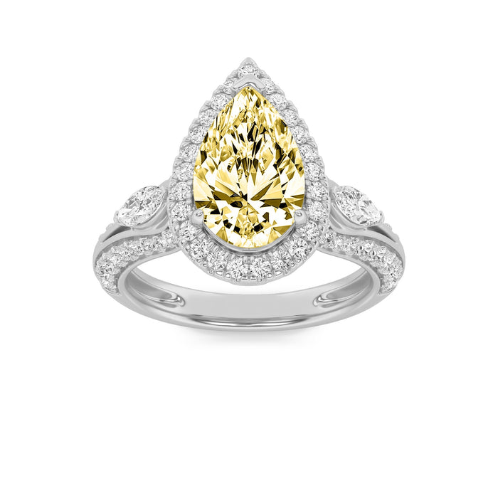 3Cttw Pear Shaped Yellow Lab Grown Diamond (F/VS) Three Stone Halo Enagement Ring 14K Gold by Fine Color Jewels