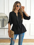 CiCiBird Womens Dressy 3/4 Sleeve Zip Peplum Blouse Black Size S by Deal US