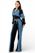 Mixed Material Denim Zip Up Crop Jacket Pants Set by The House of Stylez