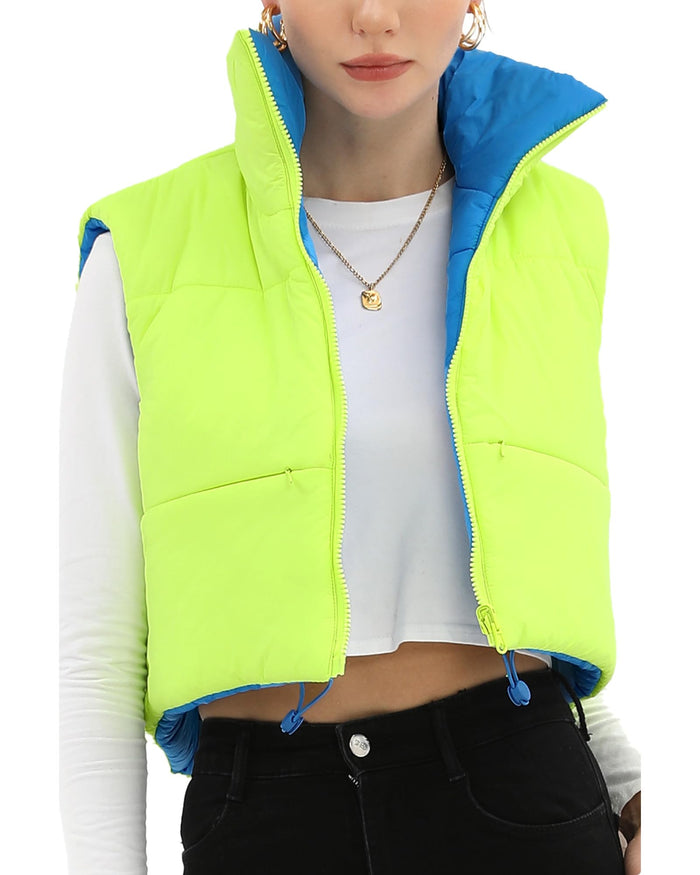 Xeoxarel Women's Reversible Puffer Cropped Vest Full Zip Sleeveless Green Blue M by Deal US