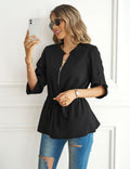 CiCiBird Womens Peplum Zip Blouse 3/4 Sleeve Work Shirt Black Size L by Deal US
