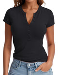Prettywear Womens Summer Casual V Neck Button Up Top Black Size M by Deal US