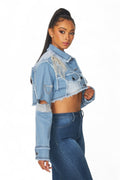 Medley Rhinestone Detail Crop Denim Jean Jacket by The House of Stylez