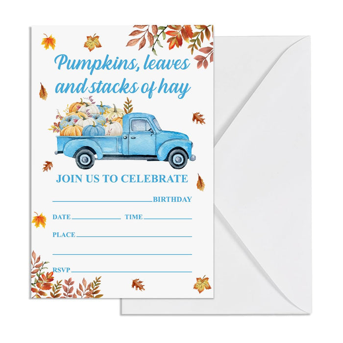 YGRBXJZD Fall Pumpkin Birthday Invitations Blue Truck 4x6 20 Sets Colorful by Deal US