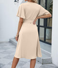AliChan Womens Satin Wrap Dress V Neck Flared Sleeve Tie Waist Beige Size L by Deal US