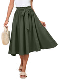 Poplab Women's Elastic High Waist Pleated A-Line Midi Skirt Army Green Size 2XL by Deal US
