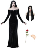 QUJQOM Halloween Gothic Dress Black V-neck Red Rose Wig Size L by Deal US