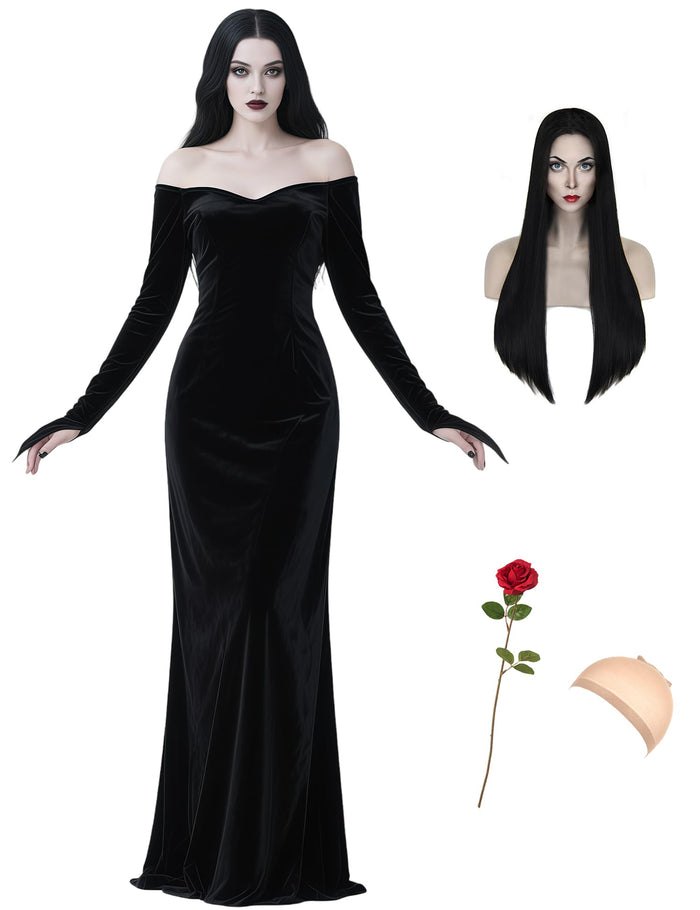 QUJQOM Halloween Gothic Dress Black V-neck Red Rose Wig Size L by Deal US