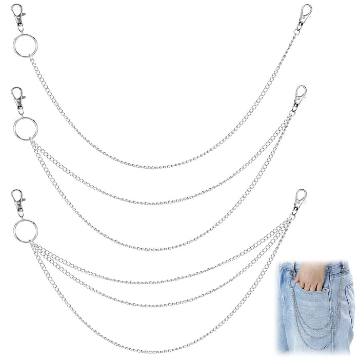 QWORK Wallet Chain for Men Women, 3 Pack Silver Jeans Chains Set (Single/Double/Triple Layer), Alloy Pants Pocket Belt Chain with Lobster Clasp & Key Ring for Biker Hip Hop Punk