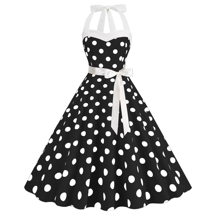 HAPNBCELE Vintage 1950s Halter Polka Dot Dress Black Size X-Large by Deal US