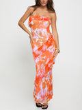 Oumrdeo Women's Strapless Floral Orange Maxi Dress Size L by Deal US