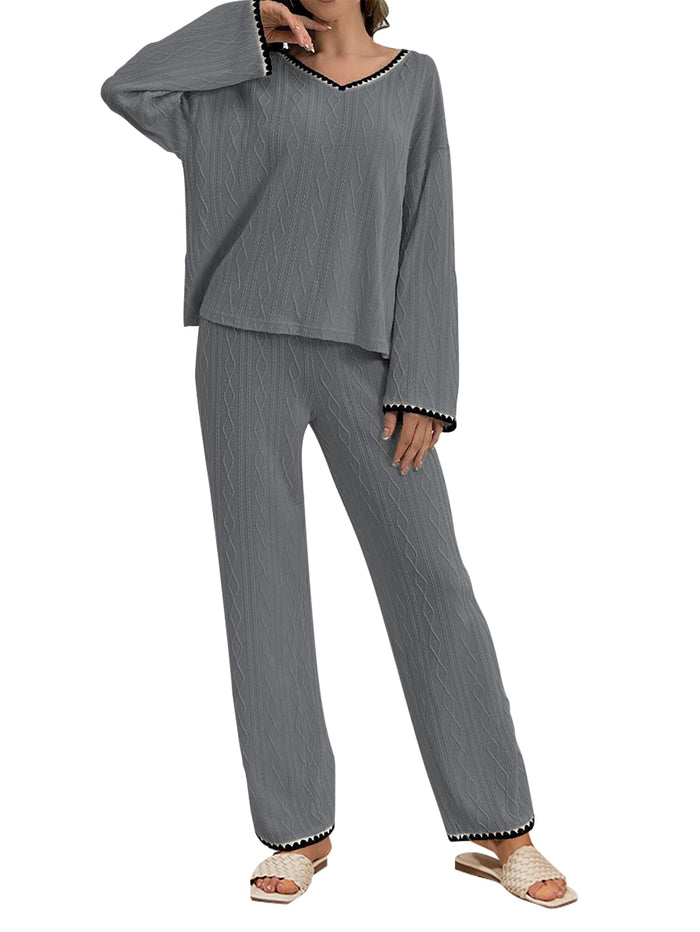 GUOLEZEEV Two Piece Lounge Set Soft Pajama Long Sleeve Pant Gray Size L by Deal US