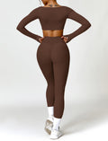 AGYMNX 2pc Workout Set Women Long Sleeve Crop Top High Waist Leggings Brown M by Deal US