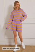 MEROKEETY Women's 2 Piece Sweater Set Striped Long Sleeve Shorts Purple Size S by Deal US
