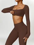 AGYMNX 2pc Workout Set Women Long Sleeve Crop Top High Waist Leggings Brown M by Deal US