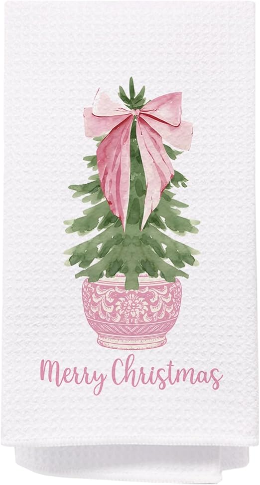 Chinoiserie Christmas Kitchen Towels Set of 2 Pink Bow 16x24 Inches by Deal US
