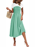 Wenrine Womens Casual Summer Midi Dress Smocked Cap Sleeve Green Size L by Deal US