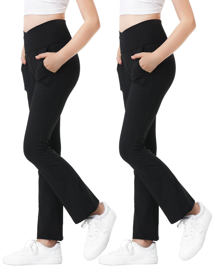 Kirinkylin Girls Flare Leggings 2 Pack V Cross Bootcut Pockets Black Size 10-11 by Deal US