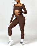 AGYMNX 2pc Workout Set Women Long Sleeve Crop Top High Waist Leggings Brown M by Deal US