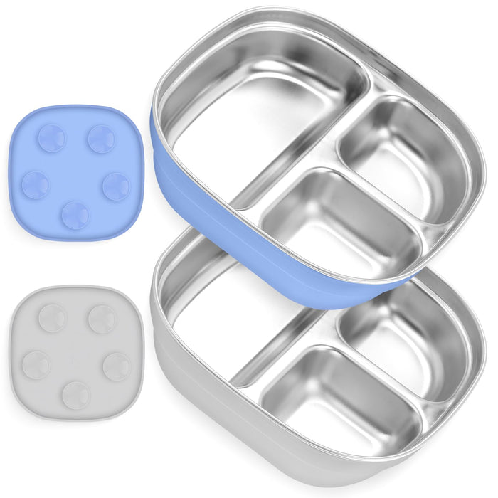 Flysich Stainless Steel Toddler Plate 2pc Divided Suction Blue Grey BPA Free by Deal US