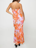 Oumrdeo Women's Strapless Floral Orange Maxi Dress Size L by Deal US