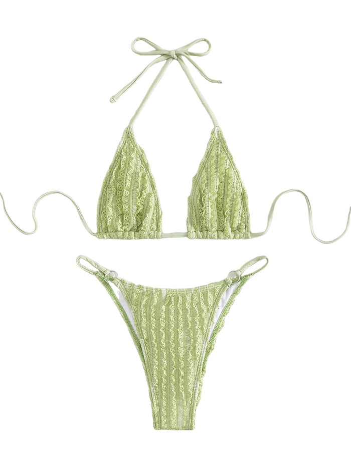 GORGLITTER Women's Lace Bikini Set Halter Triangle Thong Green Frill Size XL by Deal US